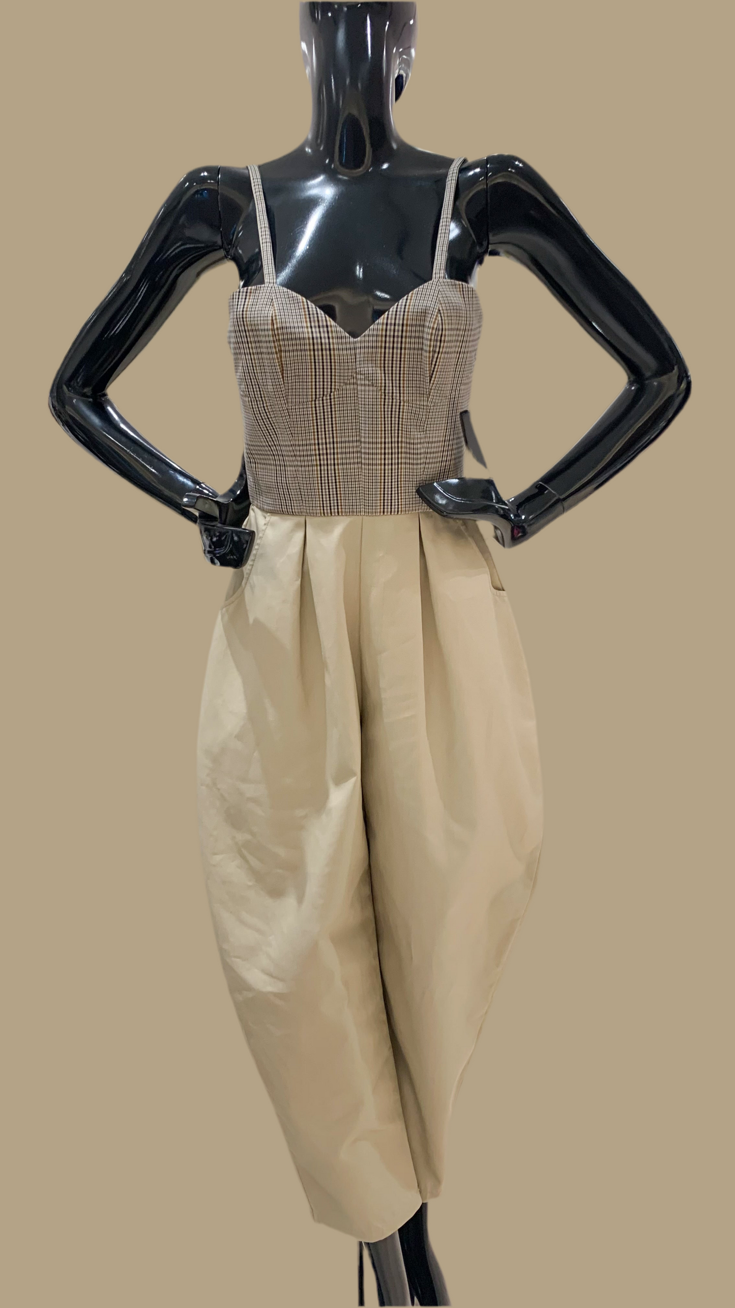Semi-Sweetheart Baggy Jumpsuit - Khaki / Checks
