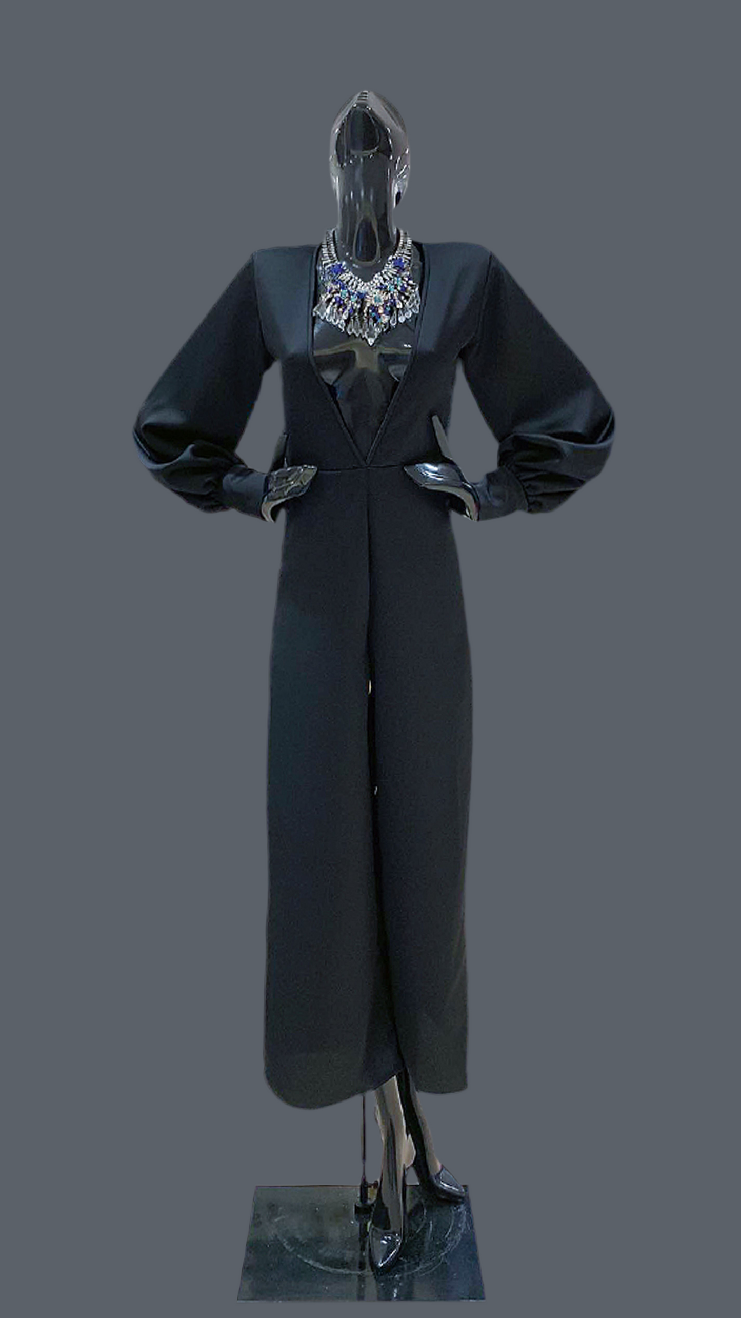 Deep V-Neck Long Sleeve Jumpsuit - Black Crepe