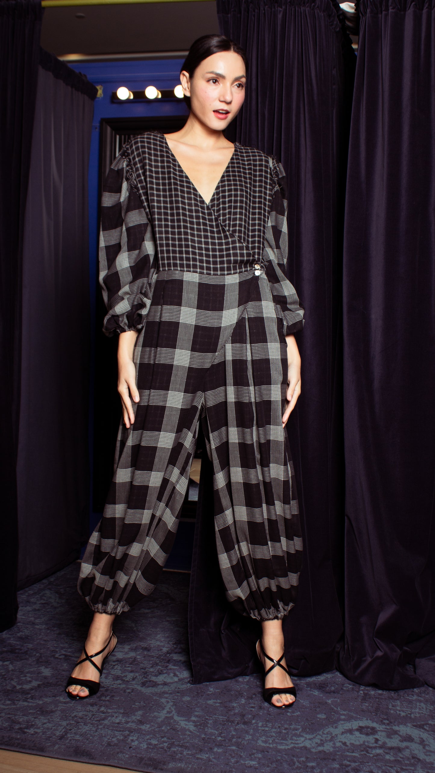 Oversized Front Wrap Jumpsuit with Detachable Wide Belt - Checks