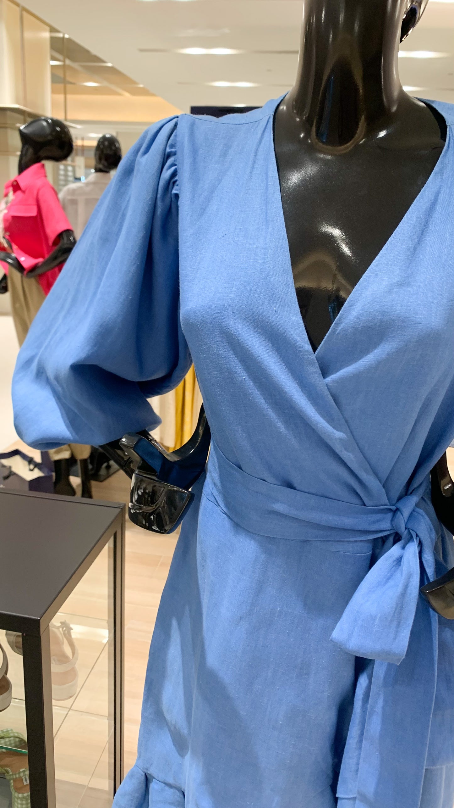 3/4 Mushroom Sleeve Wrap Pleated Hem Dress - Azure Blue Linen