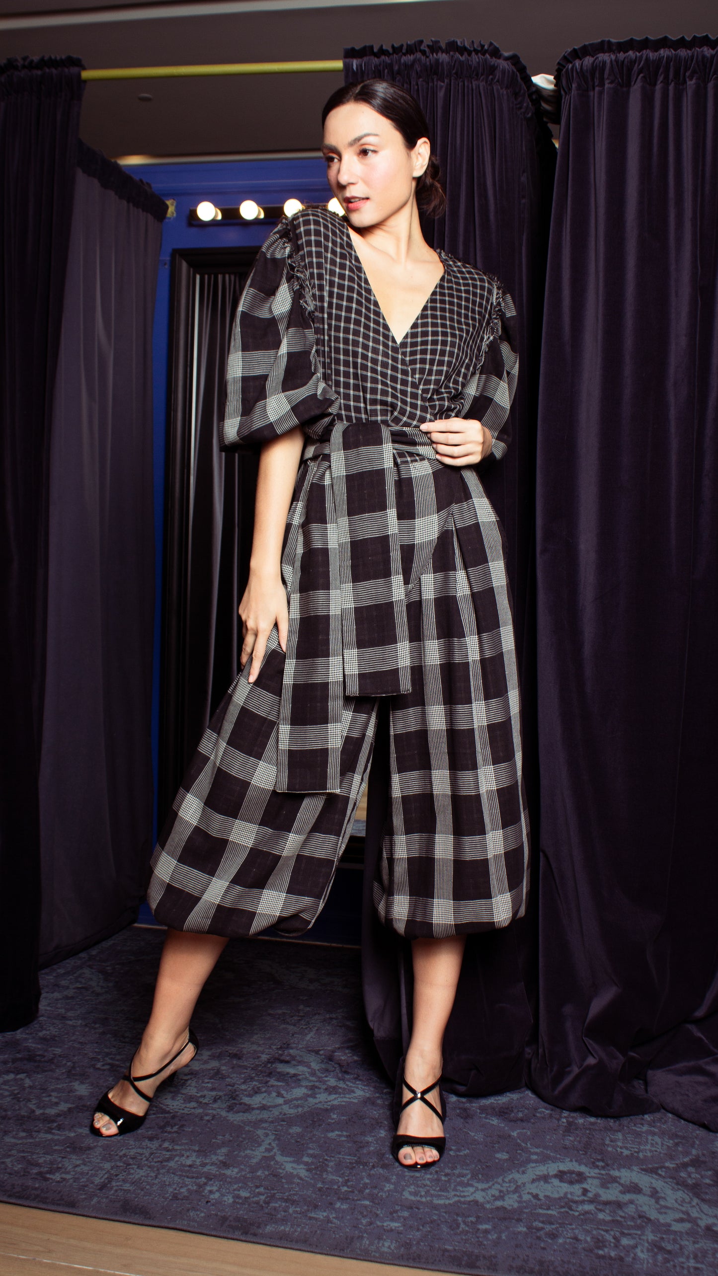 Oversized Front Wrap Jumpsuit with Detachable Wide Belt - Checks