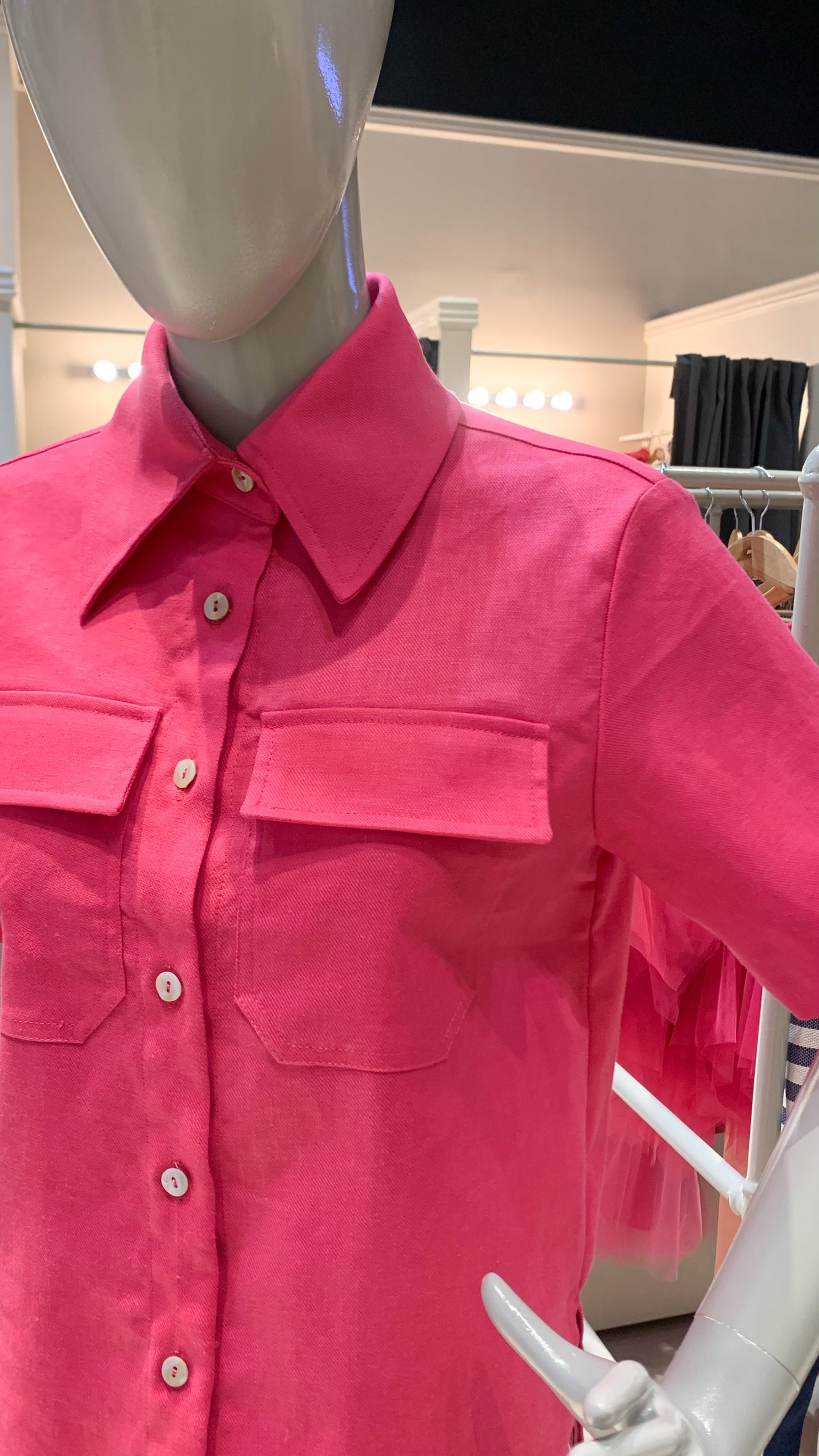 High Collar Polo Top - Fuchsia Linen