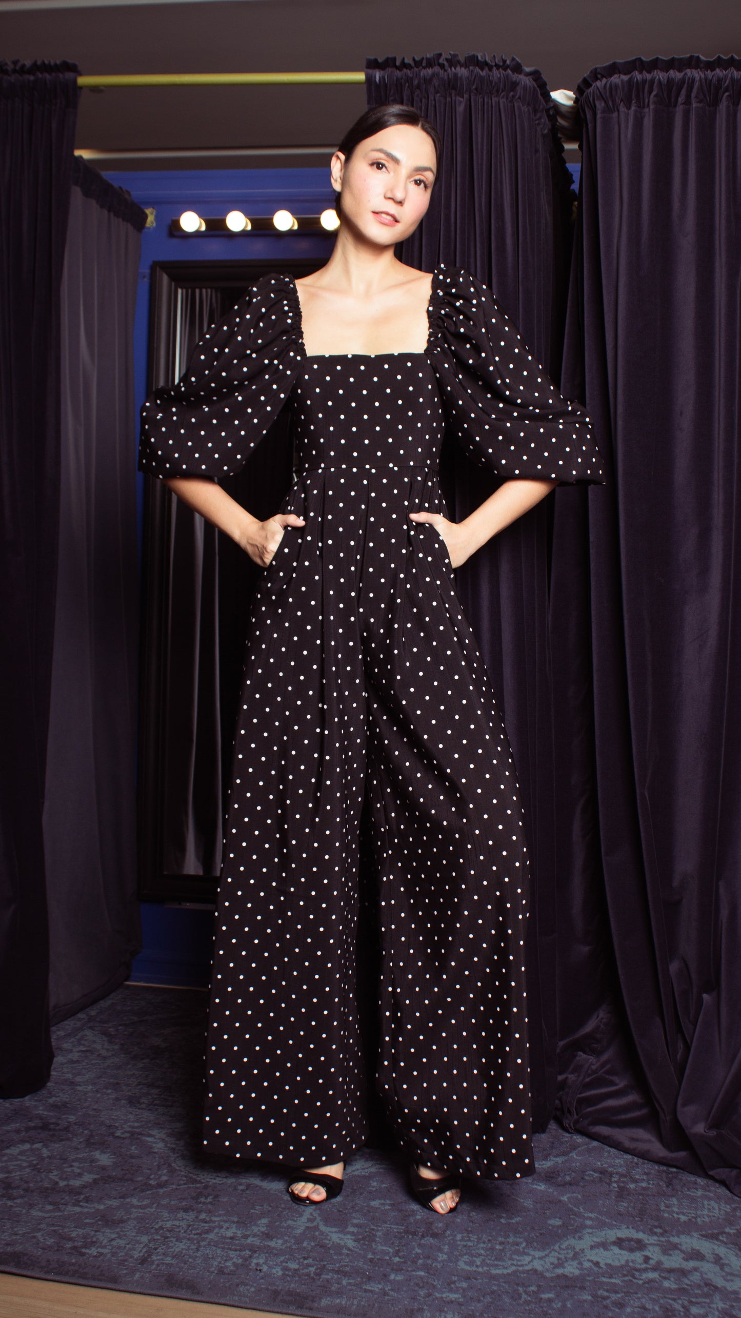 Square Neckline Puff Sleeve Wide Leg Jumpsuit - Black Polka Dot Satin