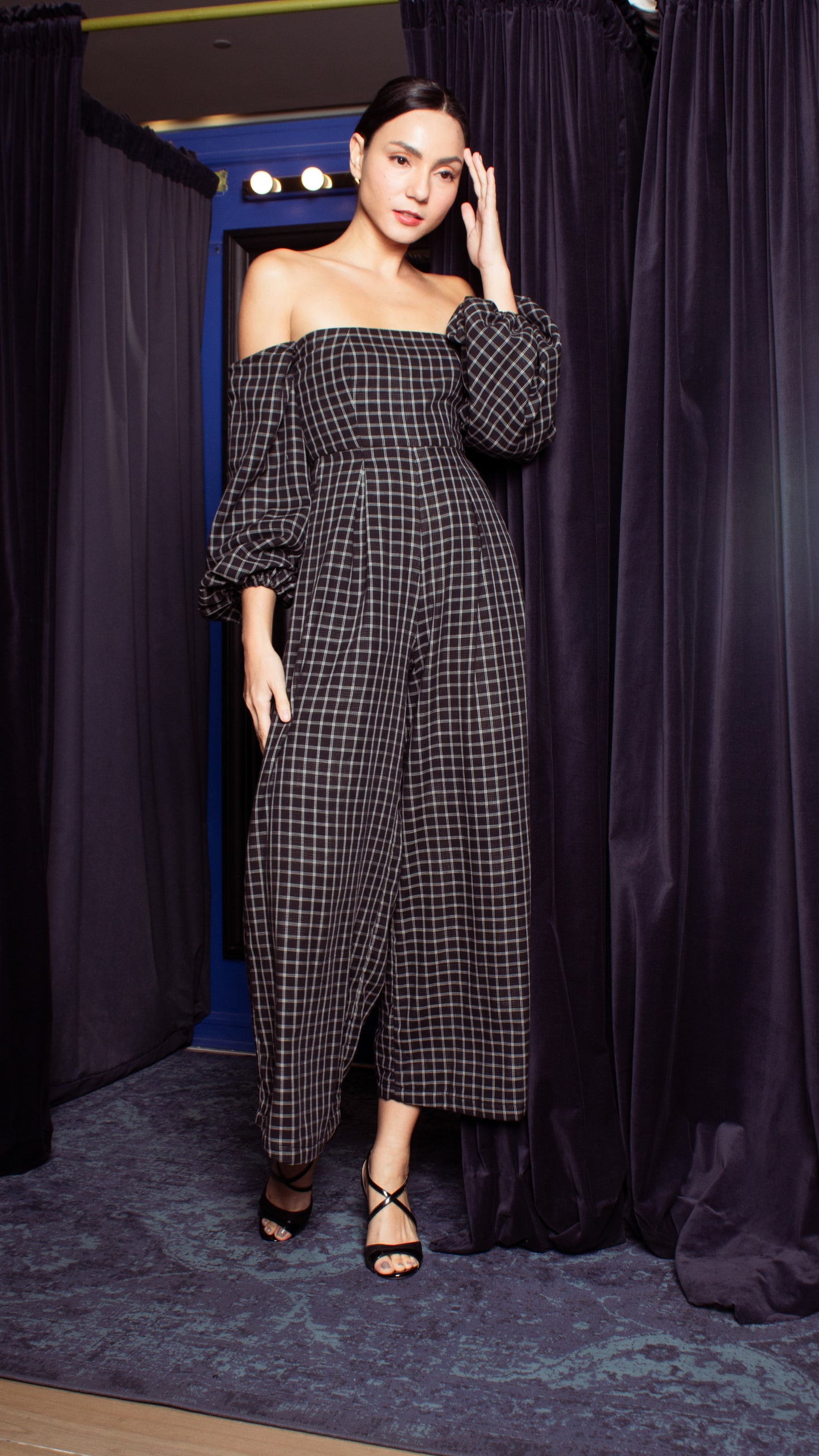 Off-Shoulder Wide Hem Jumpsuit - Small Checks