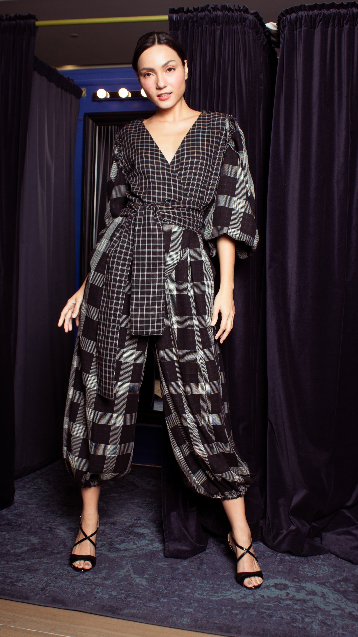 Oversized Front Wrap Jumpsuit with Detachable Wide Belt - Checks