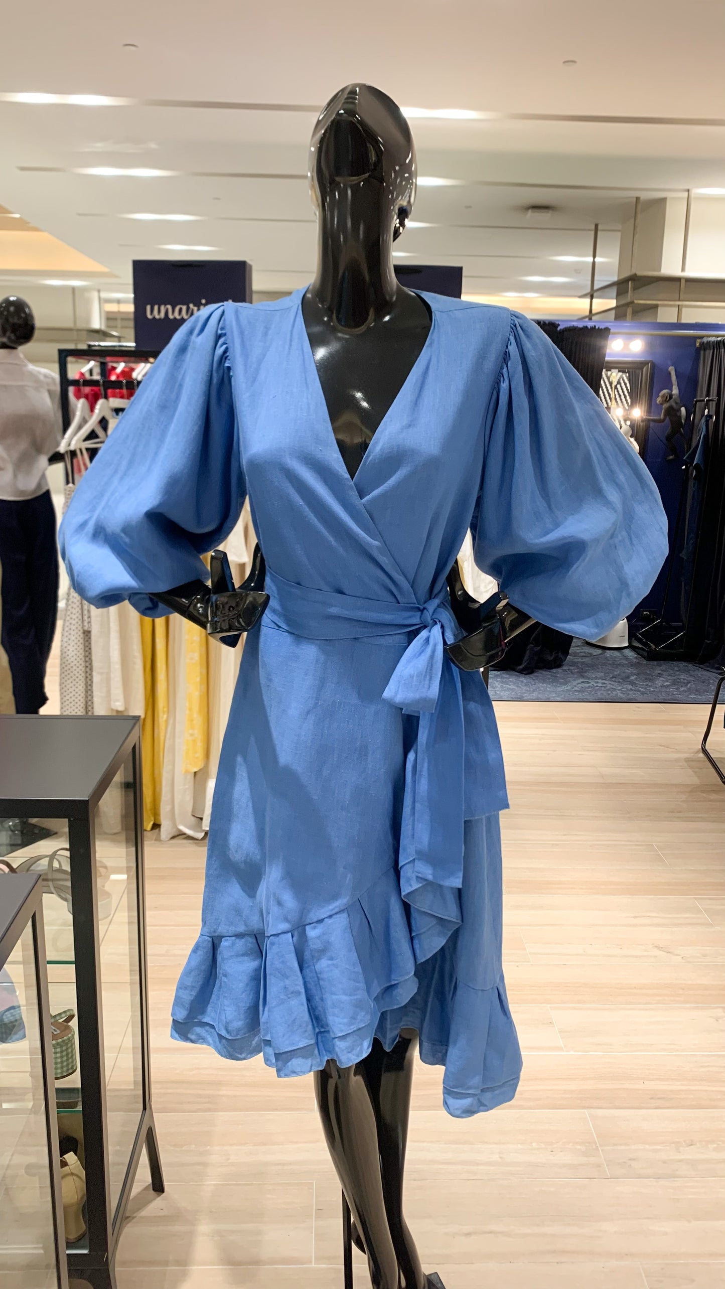 3/4 Mushroom Sleeve Wrap Pleated Hem Dress - Azure Blue Linen