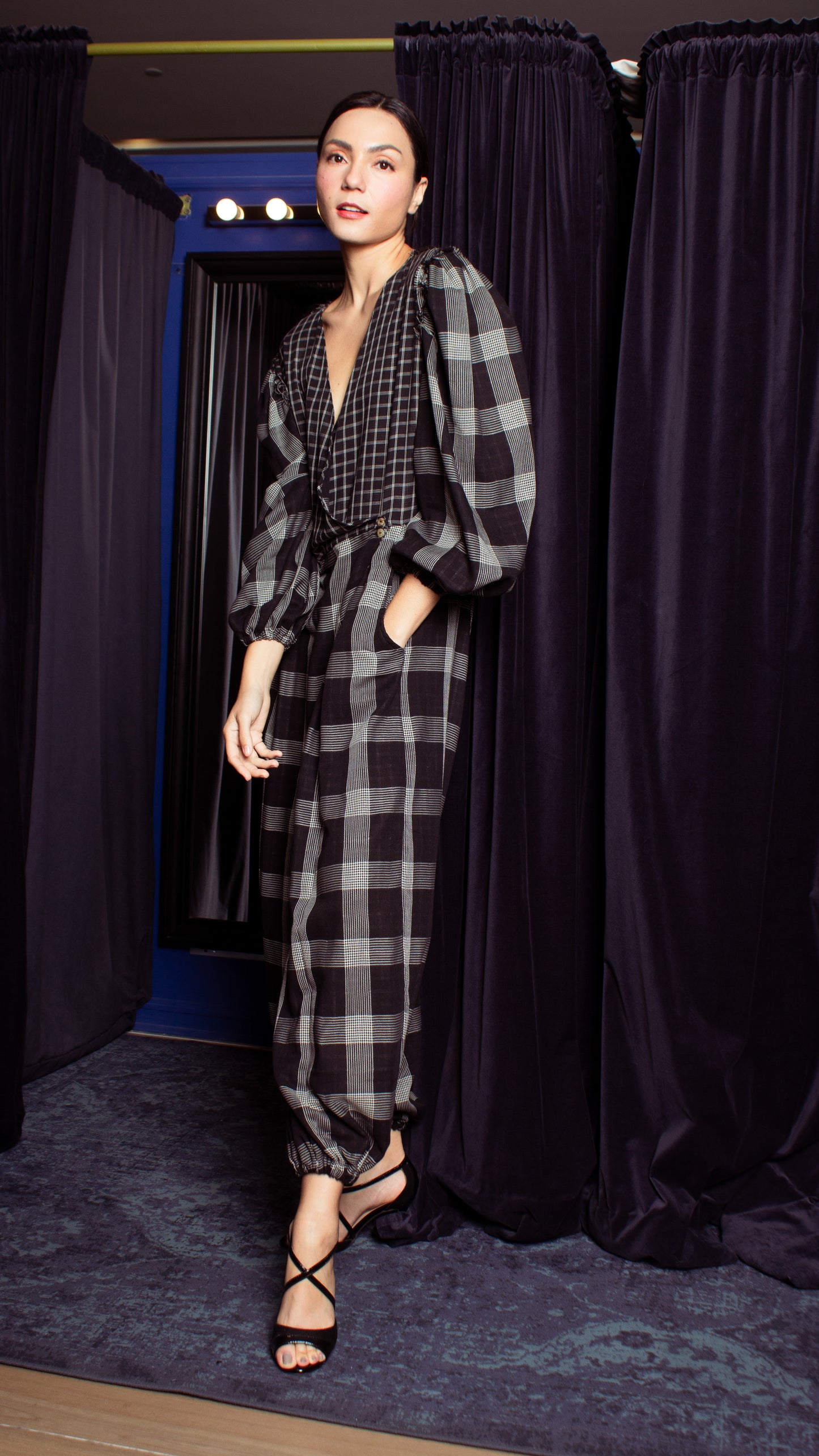 Oversized Front Wrap Jumpsuit with Detachable Wide Belt - Checks