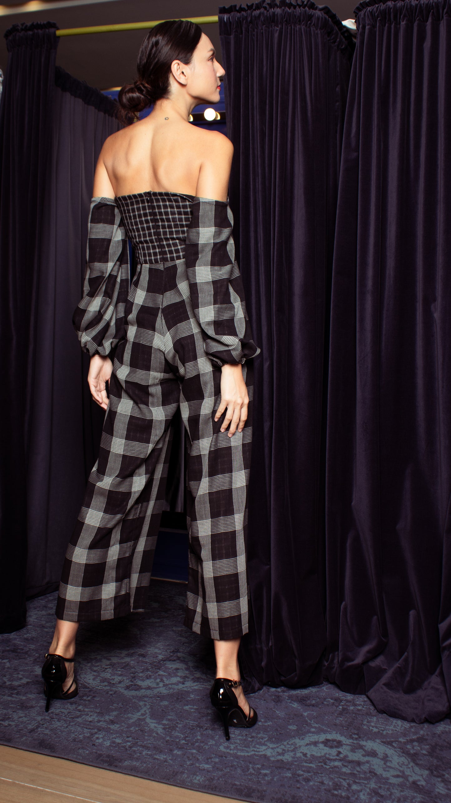 Off-Shoulder Wide Hem Jumpsuit - Small Upper Body, Big on Sleeve & Pants Checks