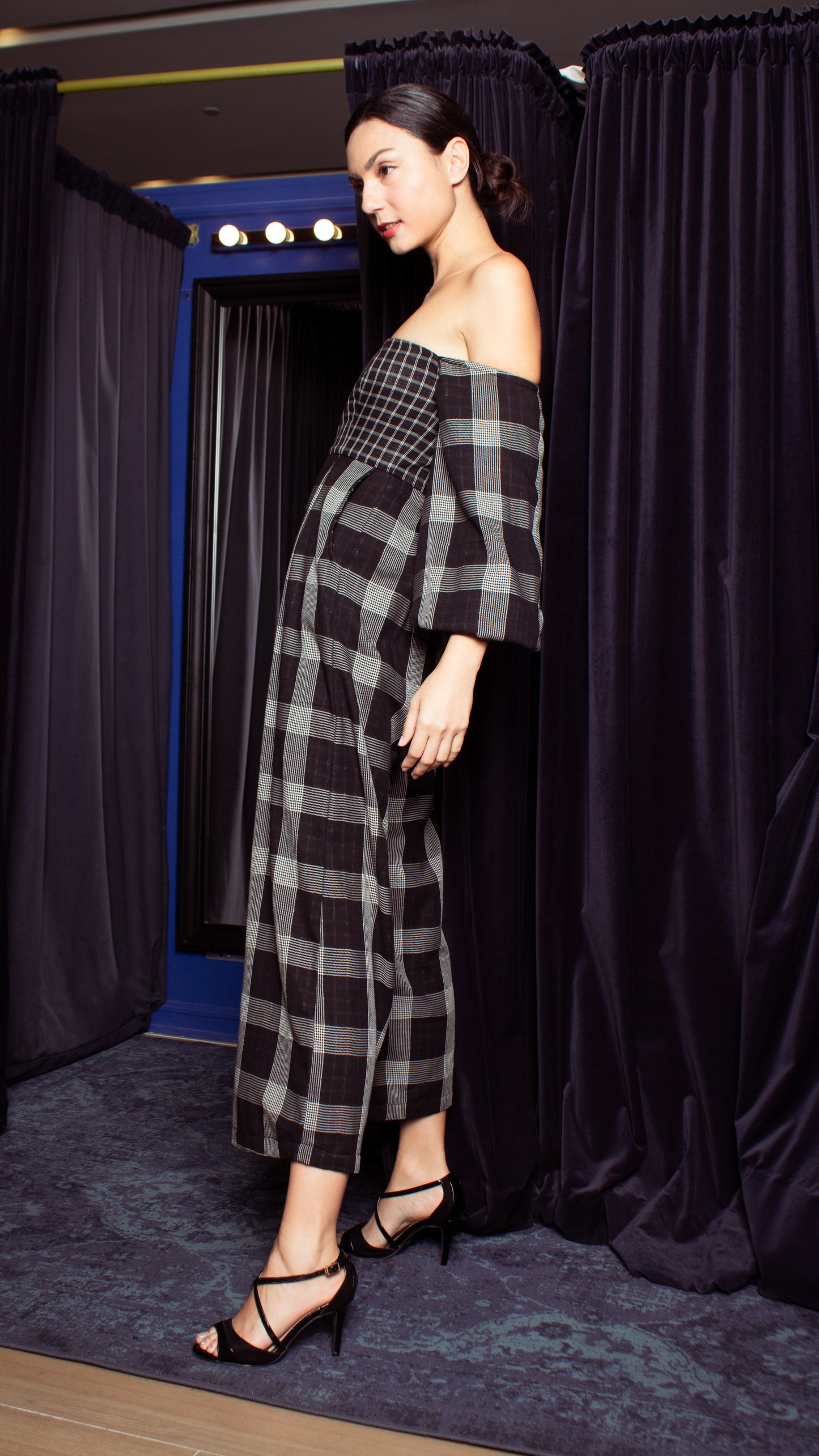 Off-Shoulder Wide Hem Jumpsuit - Small Upper Body, Big on Sleeve & Pants Checks