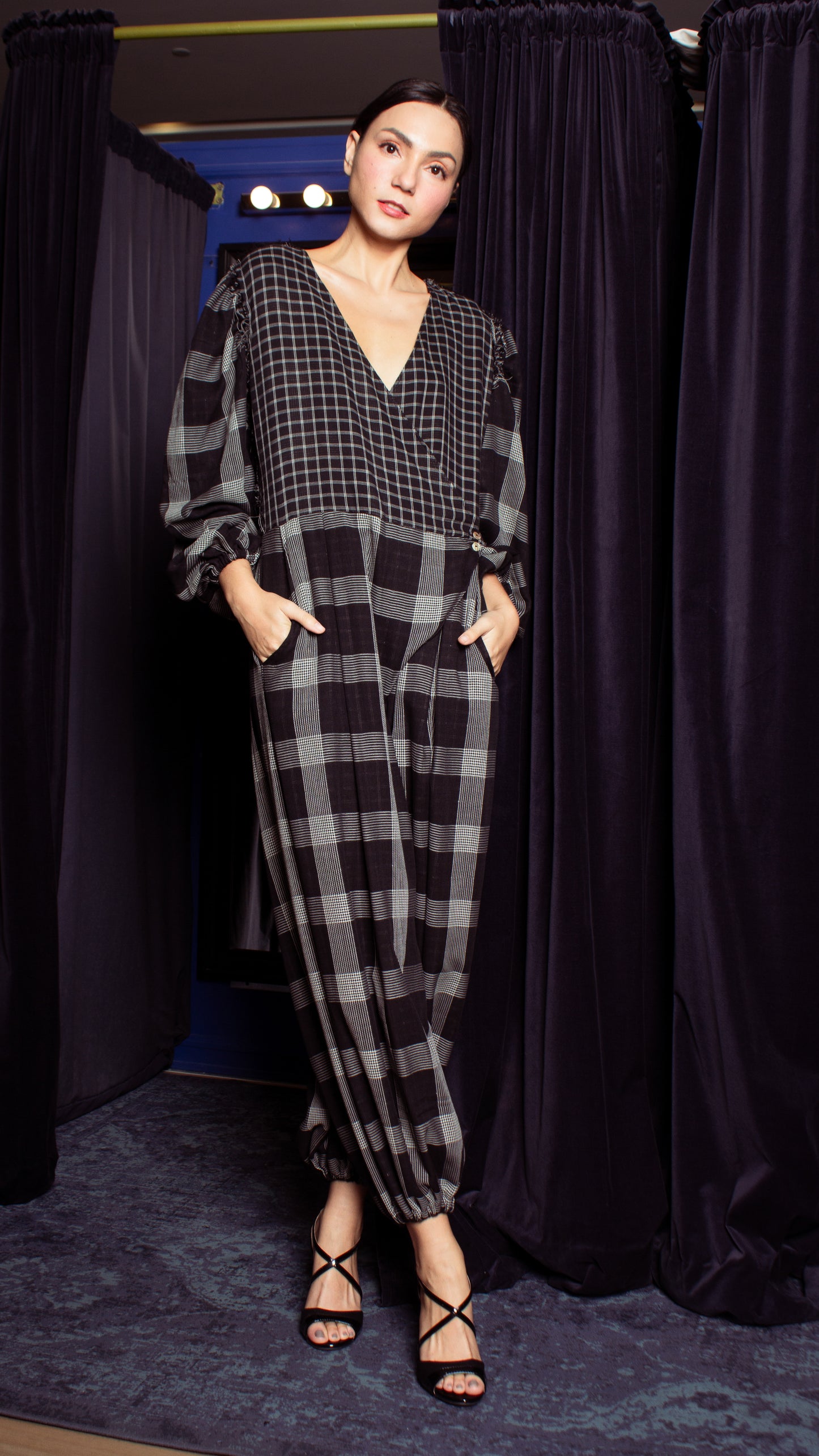 Oversized Front Wrap Jumpsuit with Detachable Wide Belt - Checks