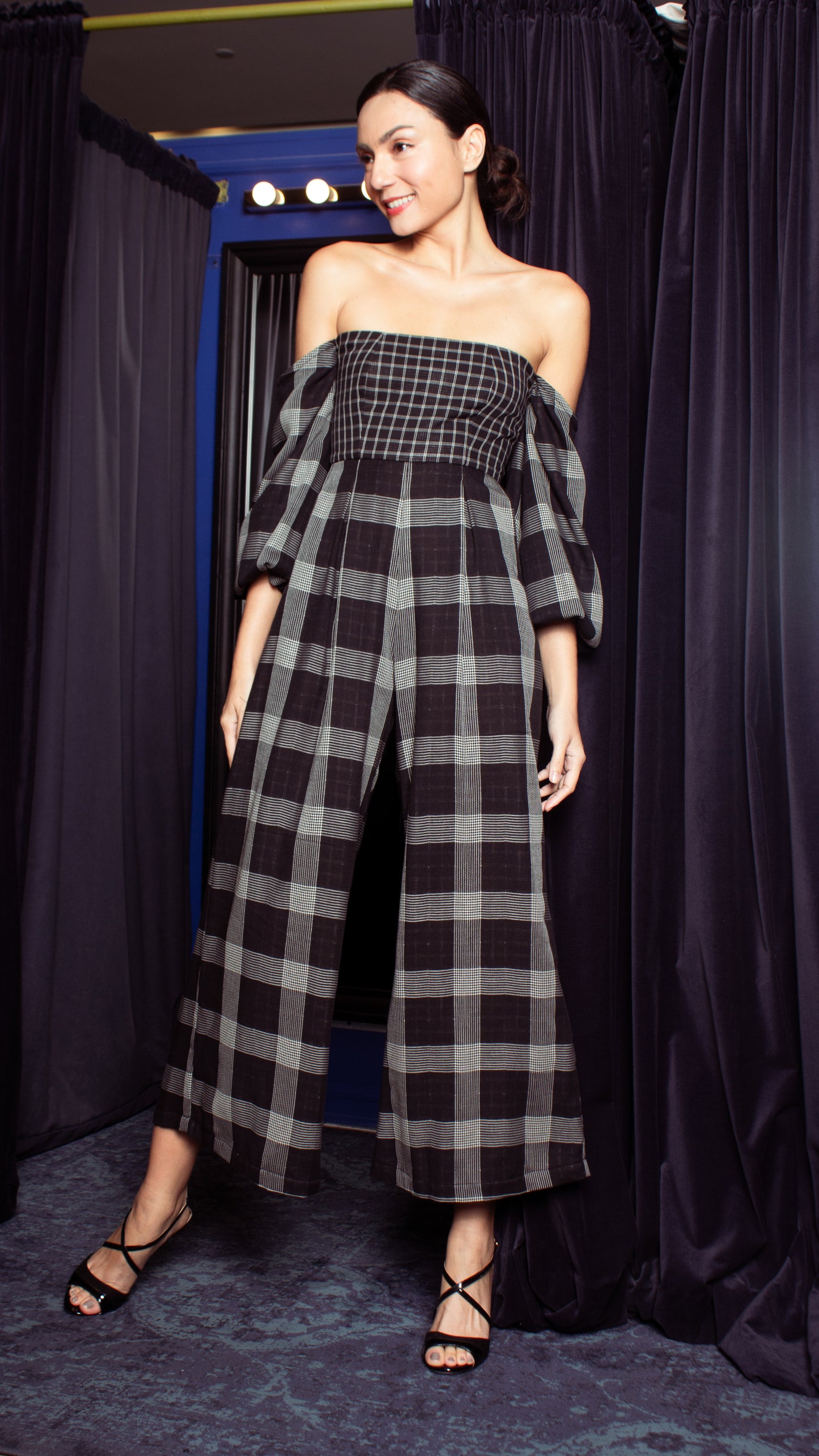 Off-Shoulder Wide Hem Jumpsuit - Small Upper Body, Big on Sleeve & Pants Checks