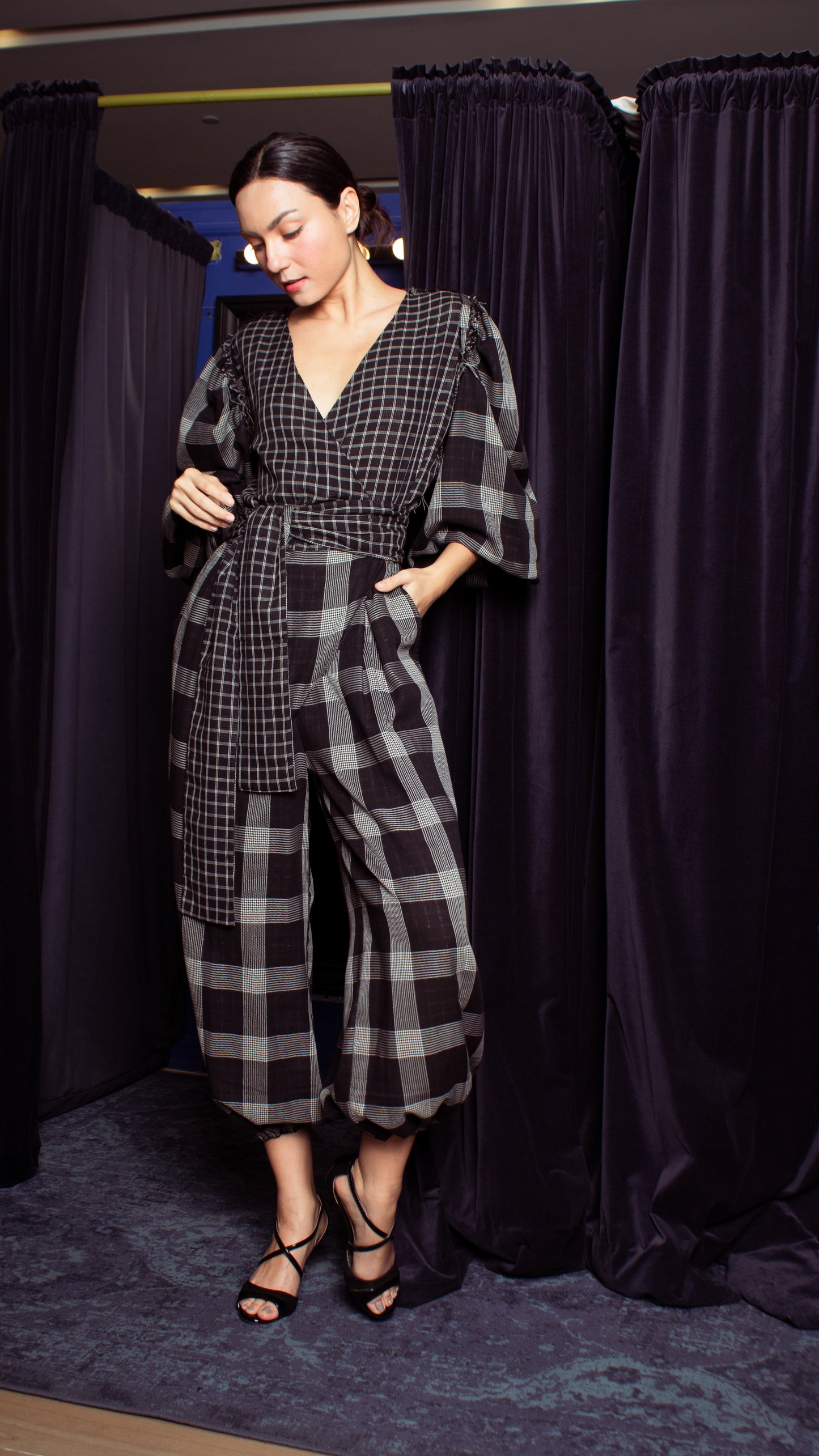 Oversized Front Wrap Jumpsuit with Detachable Wide Belt - Checks