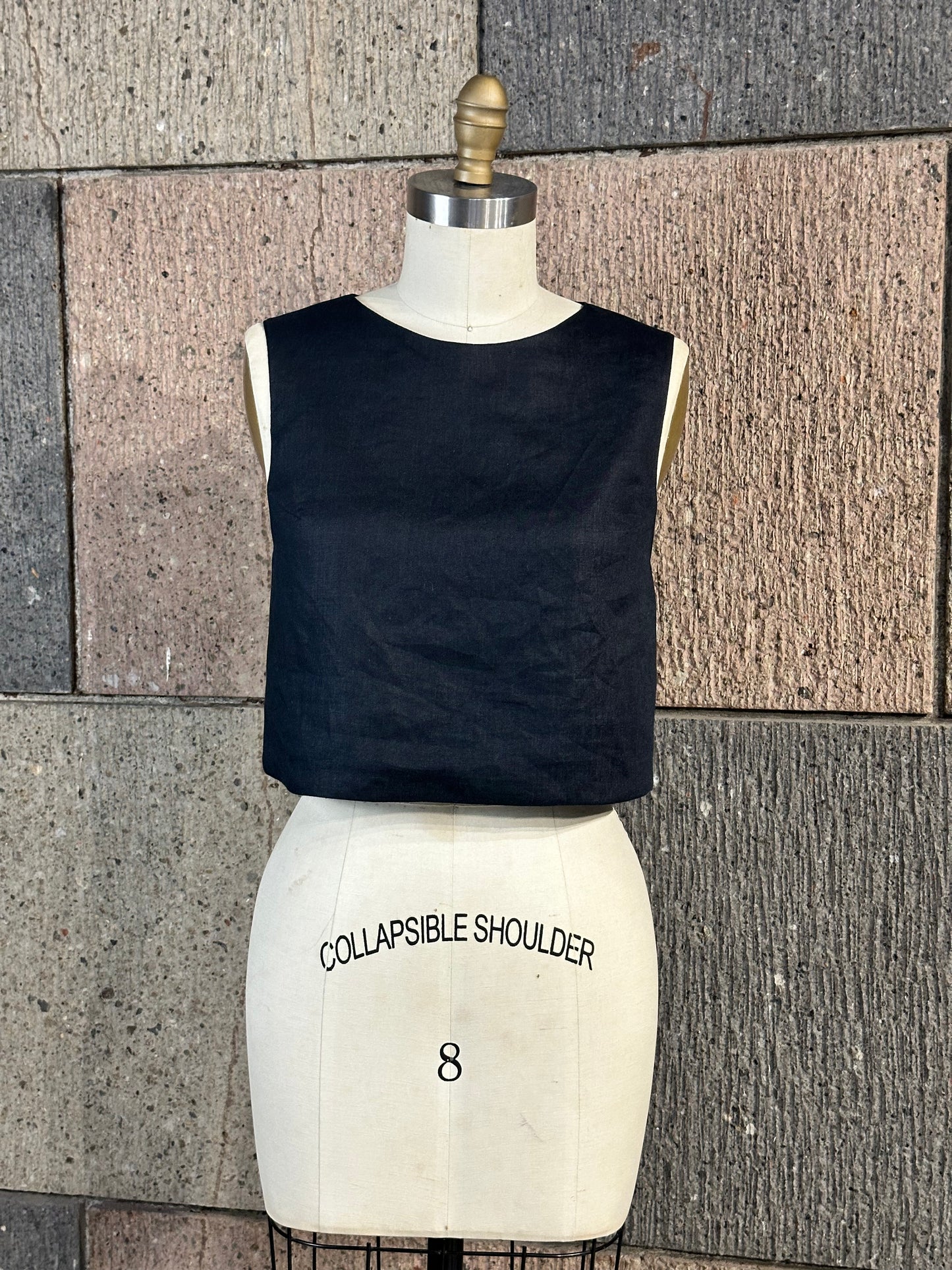 Bow Open Back Top in Black Linen Front, Taffeta Back