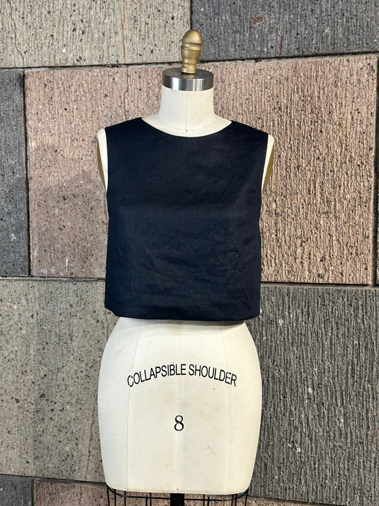 Bow Open Back Top in Black Linen Front, Taffeta Back