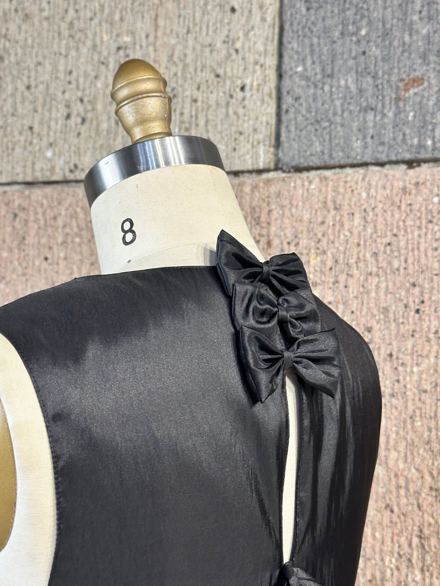 Bow Open Back Top in Black Linen Front, Taffeta Back