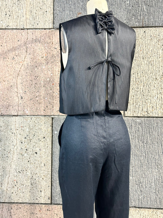 Bow Open Back Top in Black Linen Front, Taffeta Back