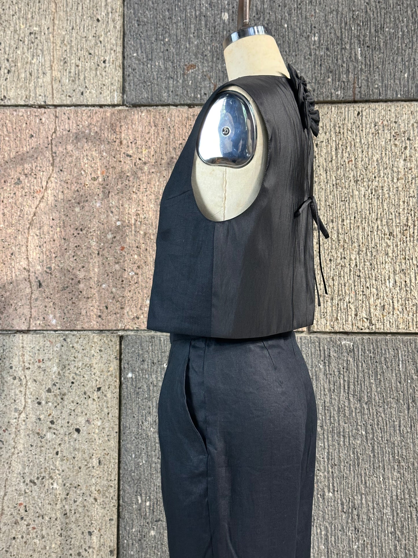 Bow Open Back Top in Black Linen Front, Taffeta Back