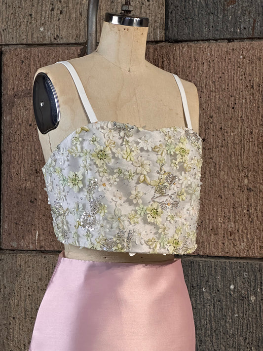 Beaded Semi-Sweetheart Flat Strap Top in Sage White Appliqués