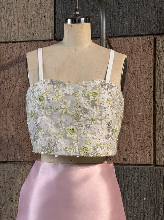 Beaded Semi-Sweetheart Flat Strap Top in Sage White Appliqués