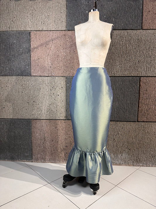 Ruffle Hem Pencil Skirt in Sage Taffeta