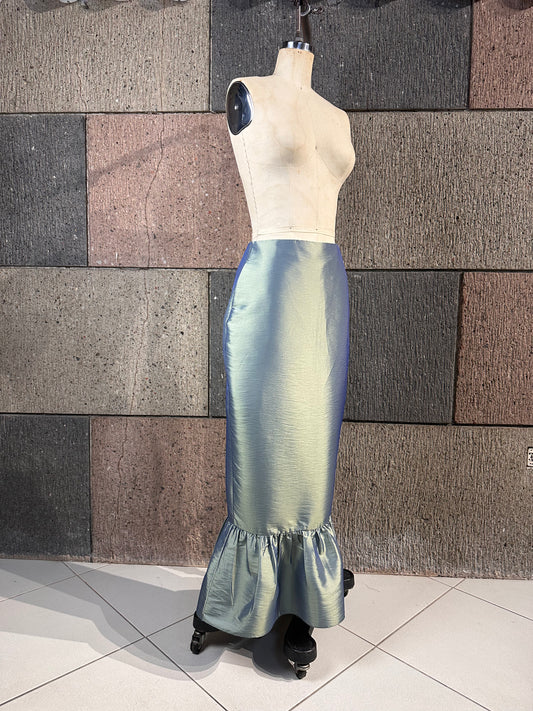 Ruffle Hem Pencil Skirt in Sage Taffeta