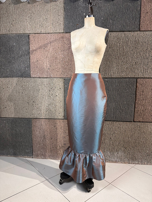Ruffle Hem Pencil Skirt in Bluish Brown Taffeta