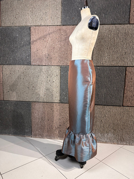 Ruffle Hem Pencil Skirt in Bluish Brown Taffeta