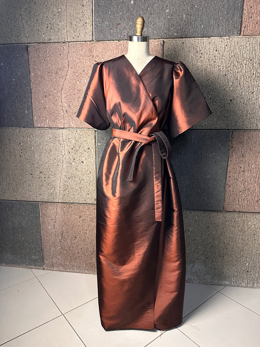 Oversized Puff Sleeve Wrap Dress in Brown Taffeta