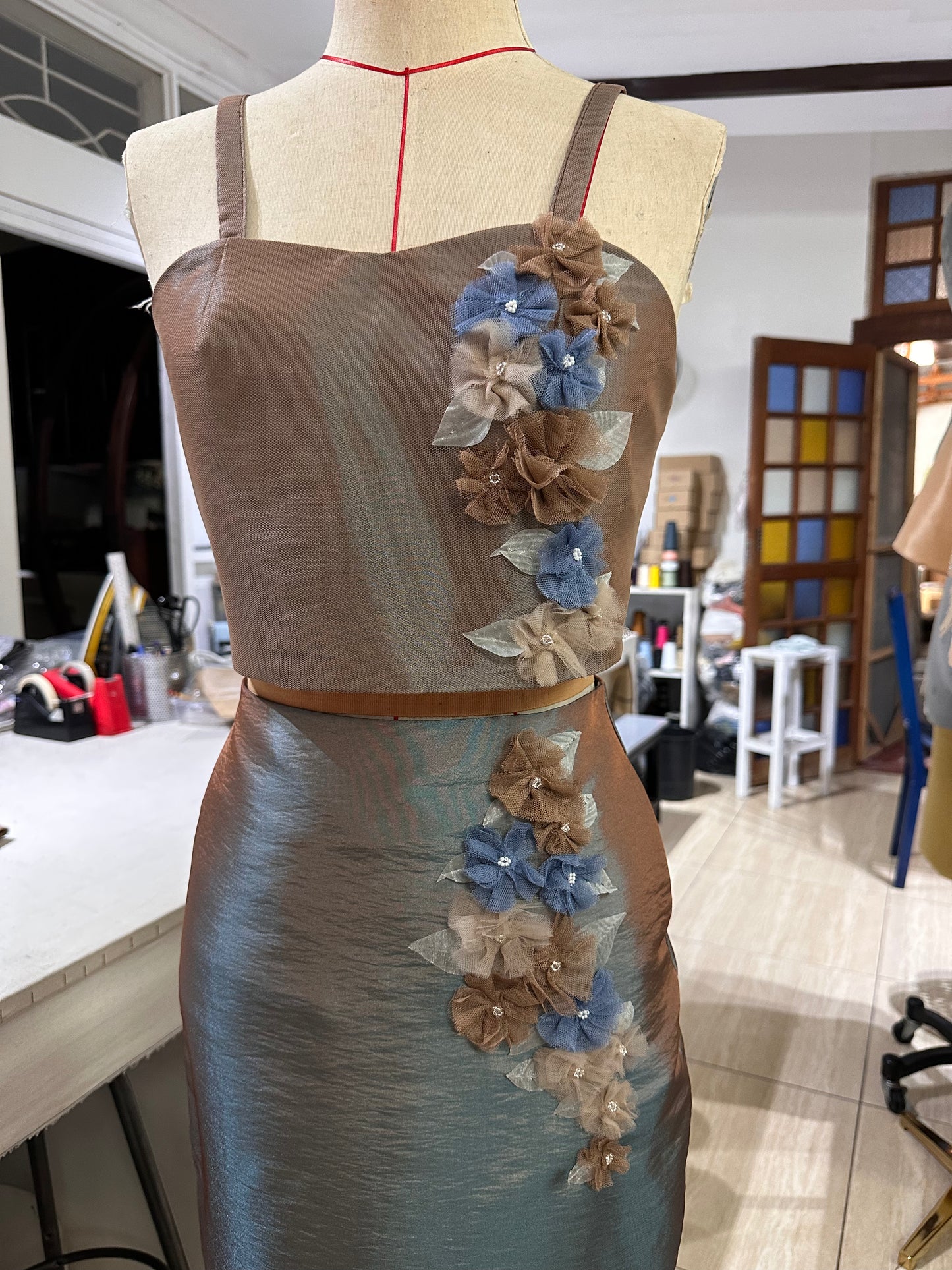 Ruffle Hem Pencil Skirt in Bluish Brown Taffeta with Appliquè