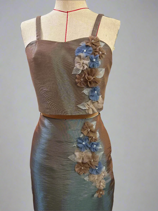 Semi-Sweetheart Flat Strap Top in Bluish Brown Taffeta with Appliquè