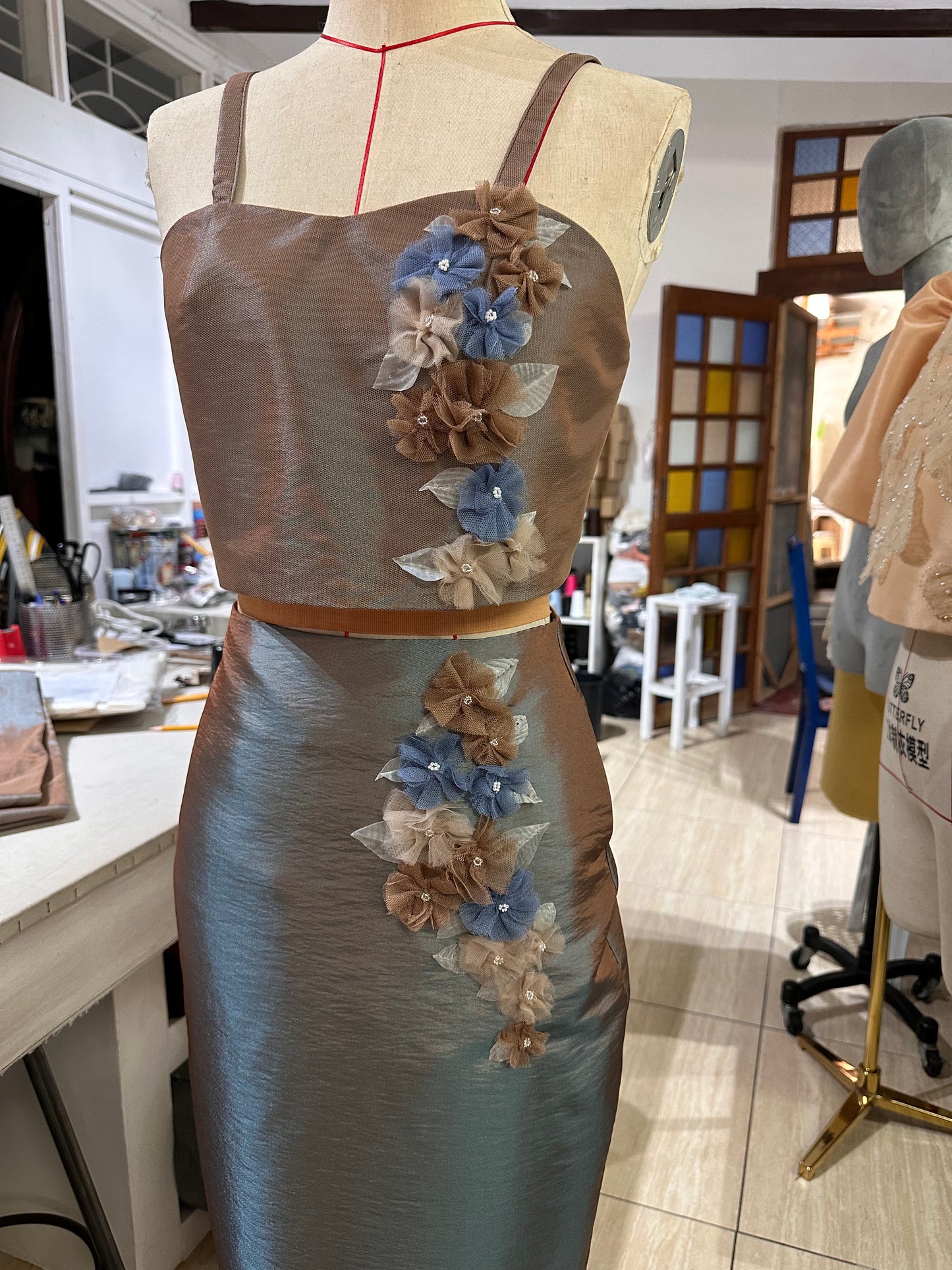 Semi-Sweetheart Flat Strap Top in Bluish Brown Taffeta with Appliquè