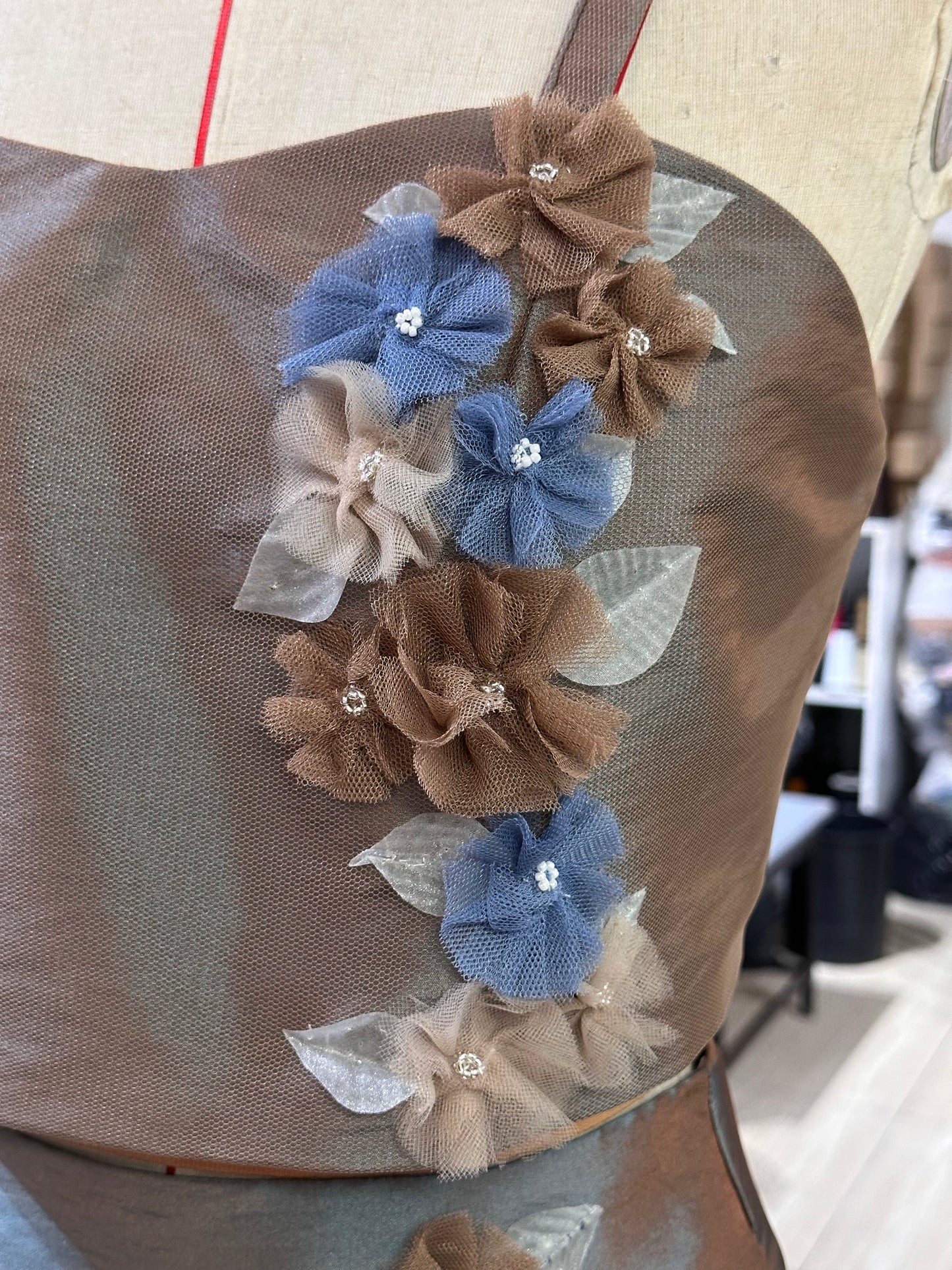 Semi-Sweetheart Flat Strap Top in Bluish Brown Taffeta with Appliquè