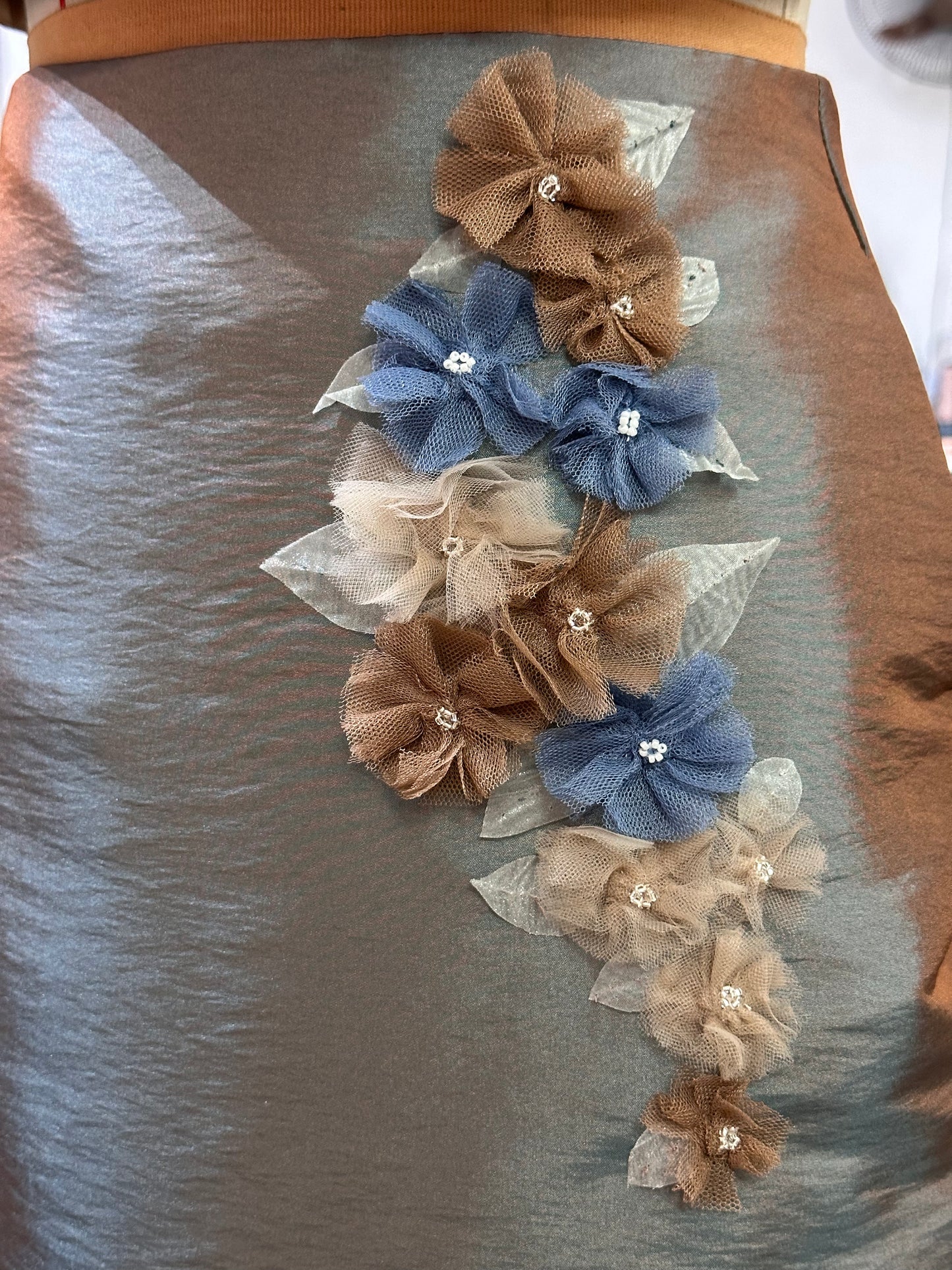Ruffle Hem Pencil Skirt in Bluish Brown Taffeta with Appliquè