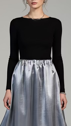 Elastic Waist Folded Shirred Detail Skirt in Taffeta
