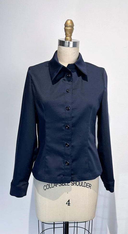 Long-Sleeve Polo Top - Navy Blue Stretch Cotton Crepe