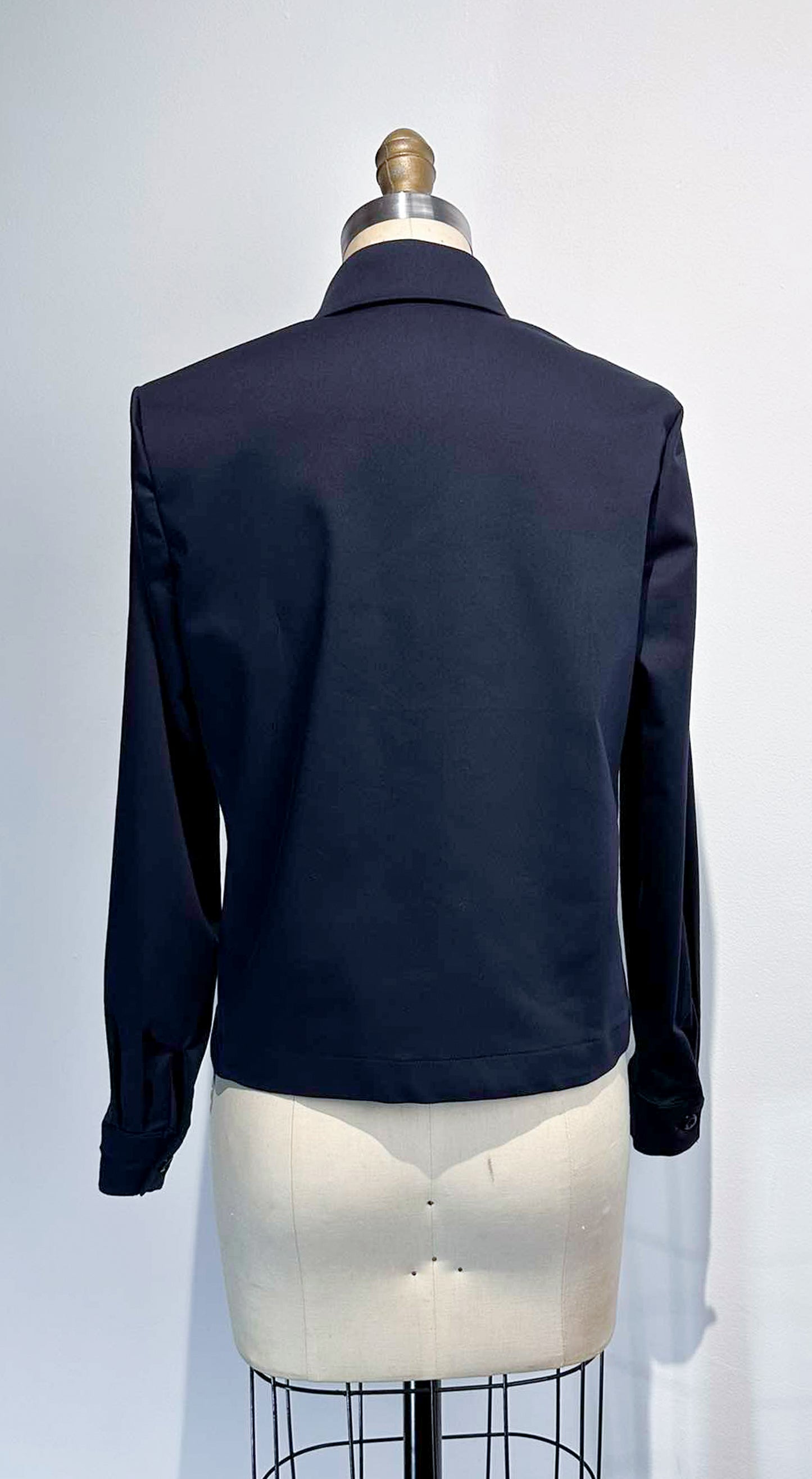 Long-Sleeve Polo Top - Navy Blue Stretch Cotton Crepe