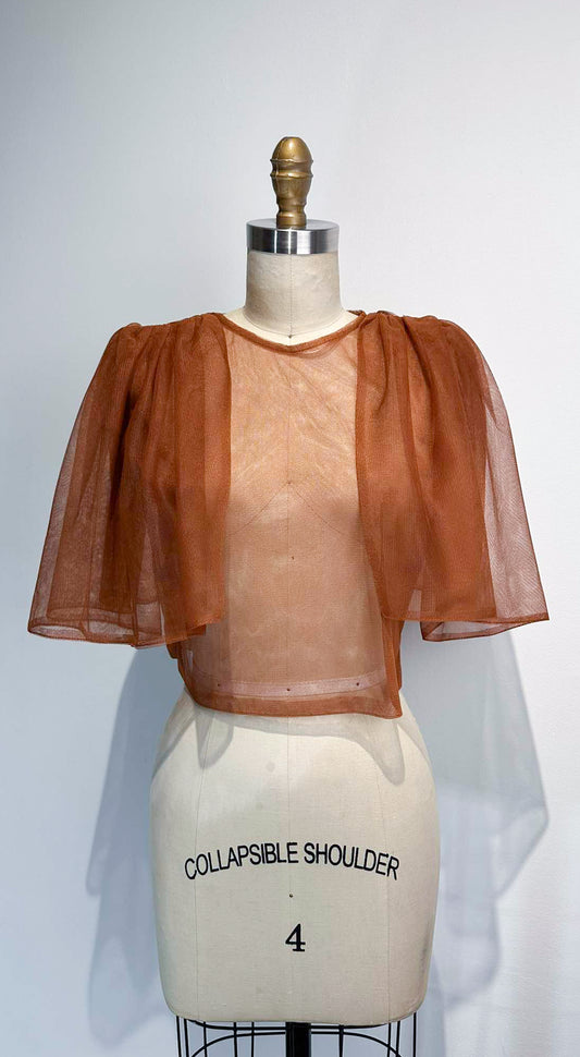 Oversized Sleeve Open Back Top - Brown Soft Tulle