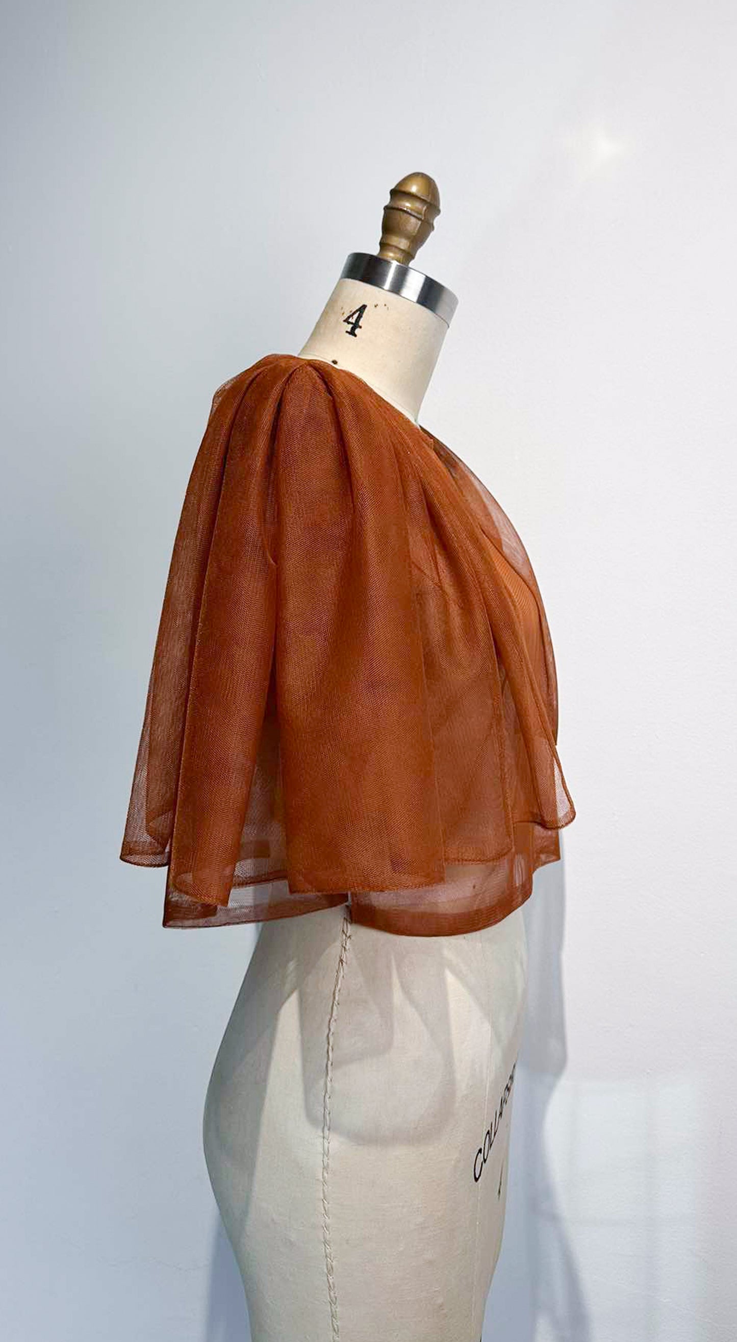 Oversized Sleeve Open Back Top - Brown Soft Tulle