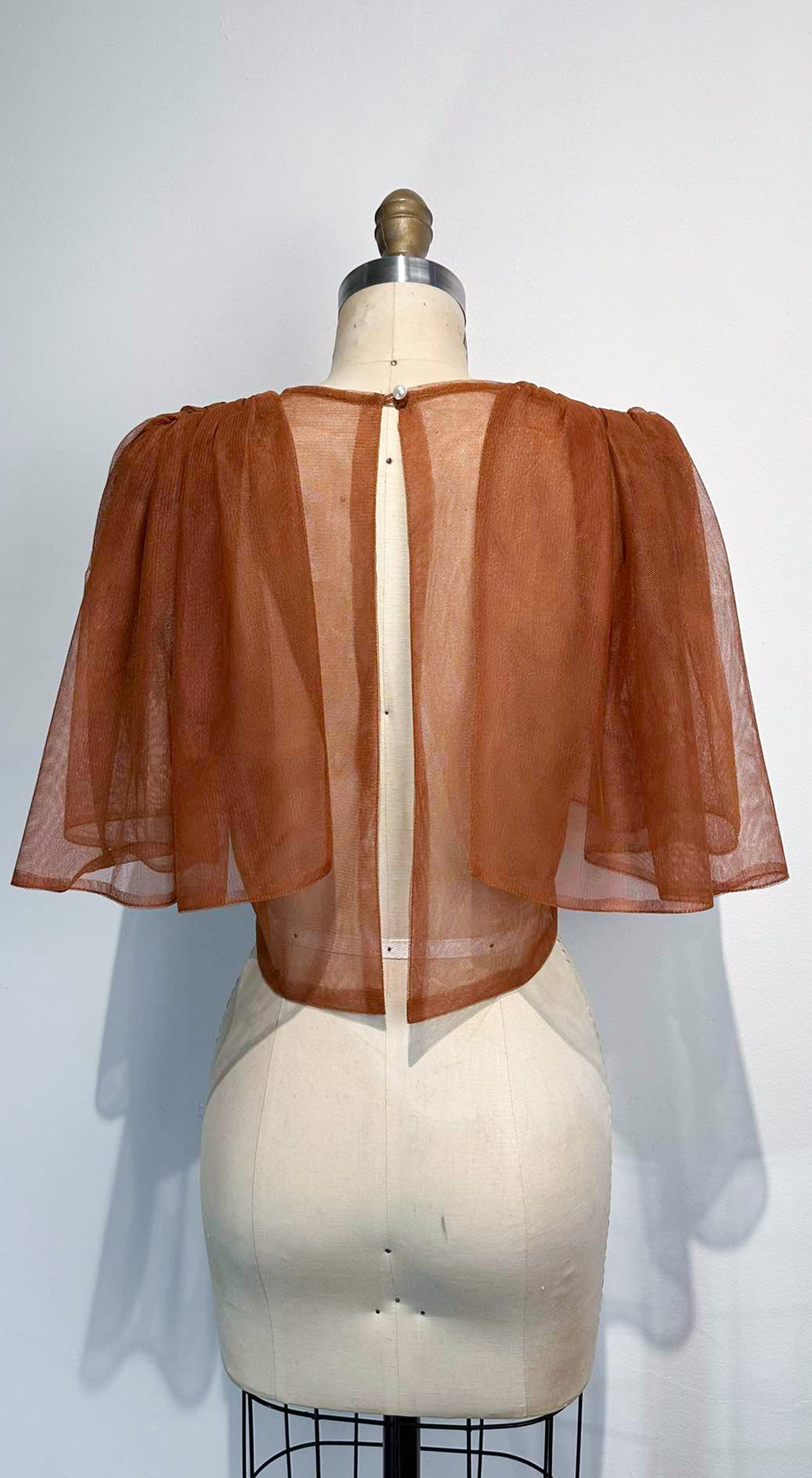 Oversized Sleeve Open Back Top - Brown Soft Tulle