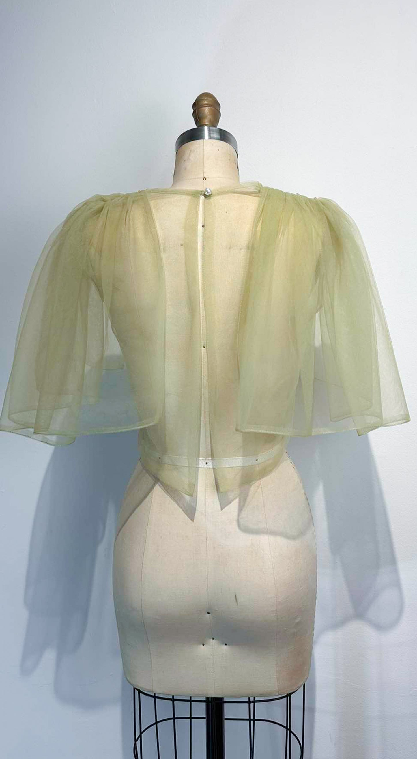 Oversized Sleeve Open Back Top - Apple Green Soft Tulle