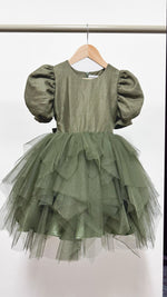 Load image into Gallery viewer, Puff Sleeve Midi Uneven Hem Tulle Dress - Army Green Linen
