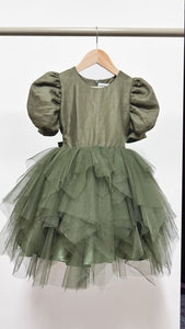 Puff Sleeve Midi Uneven Hem Tulle Dress - Army Green Linen