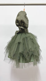 Load image into Gallery viewer, Puff Sleeve Midi Uneven Hem Tulle Dress - Army Green Linen
