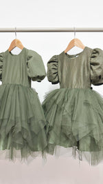 Load image into Gallery viewer, Puff Sleeve Midi Uneven Hem Tulle Dress - Army Green Linen
