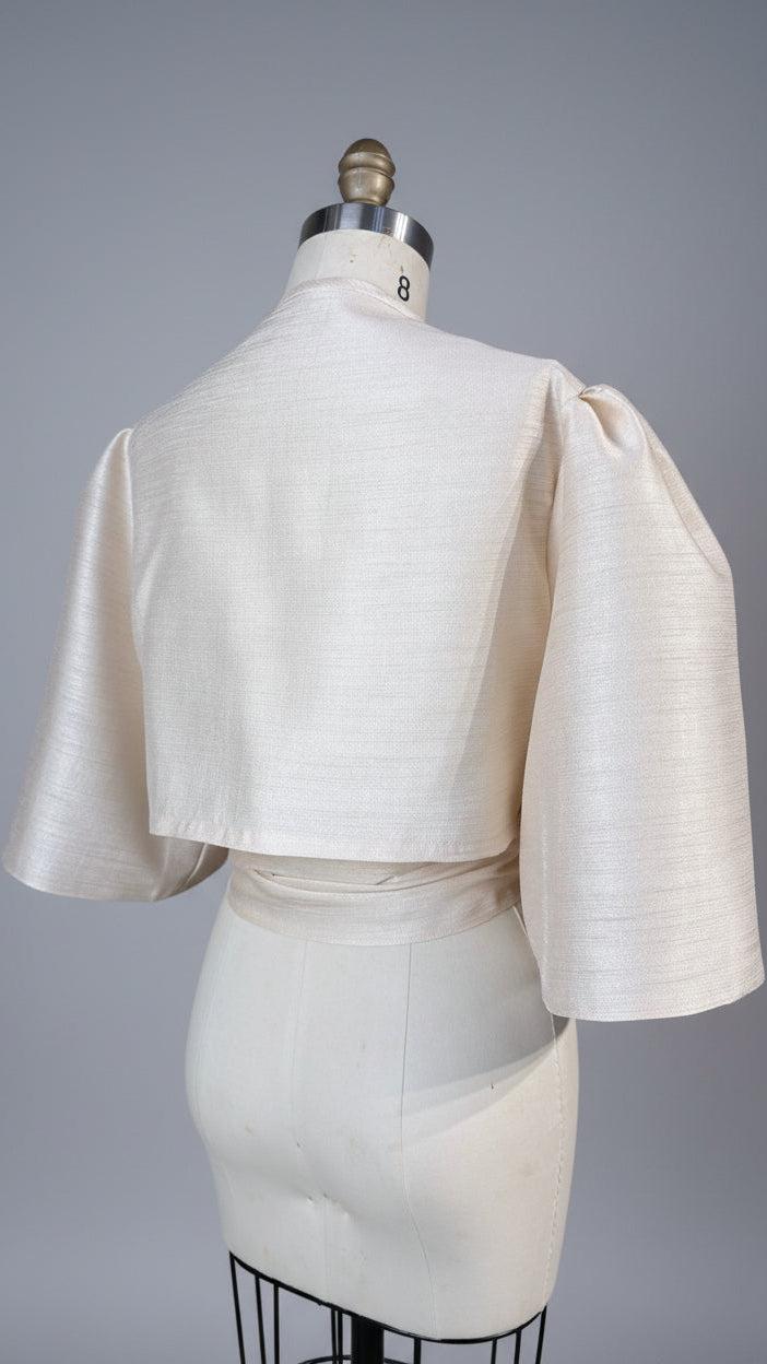 Oversized Puff Sleeve Wrap Top in Light Gold Lightweight Matte Gazar