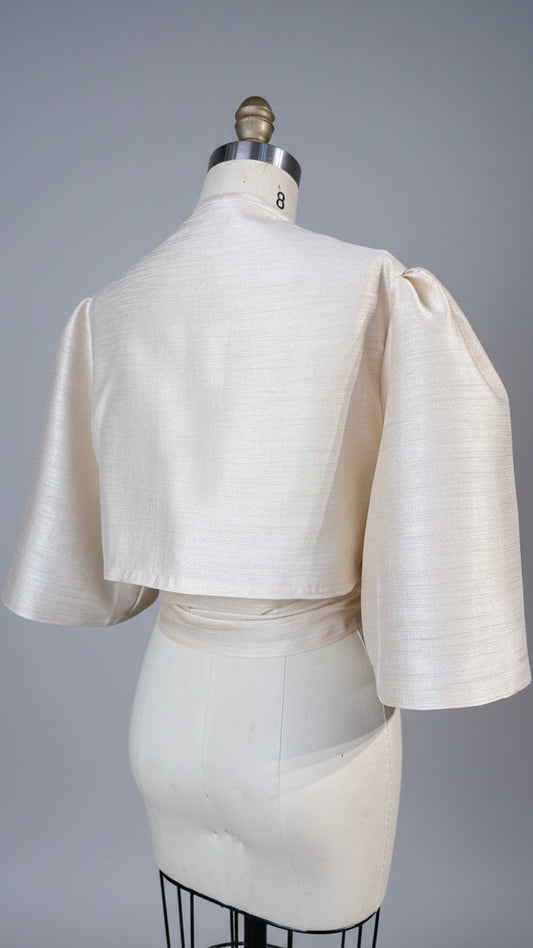 Oversized Puff Sleeve Wrap Top in Light Gold Lightweight Matte Gazar