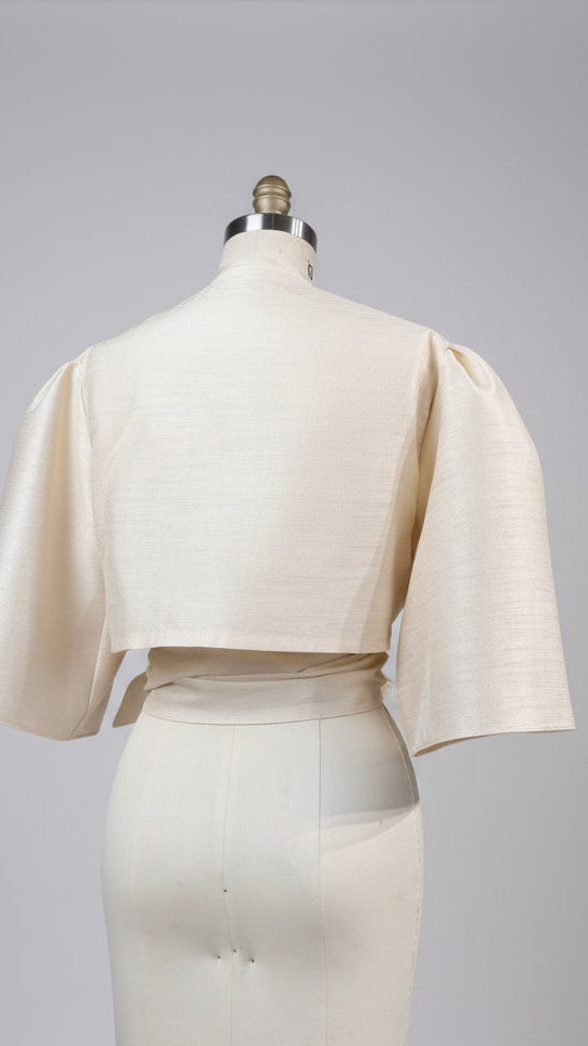 Oversized Puff Sleeve Wrap Top in Light Gold Lightweight Matte Gazar