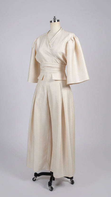 Front and Back Pleated Wide Hem Pants in Light Gold Premium Gazar