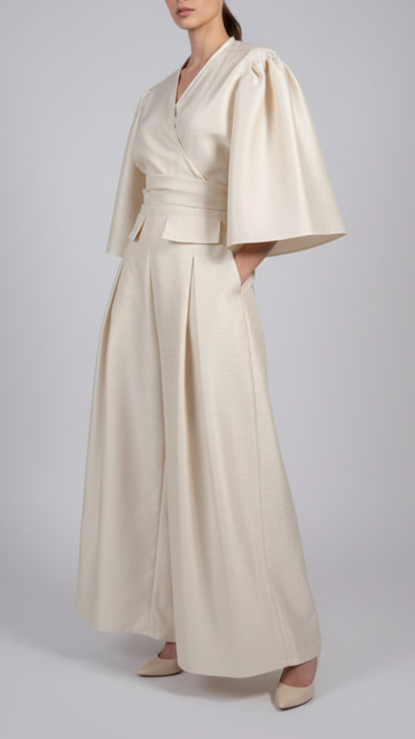 Front and Back Pleated Wide Hem Pants in Light Gold Premium Gazar