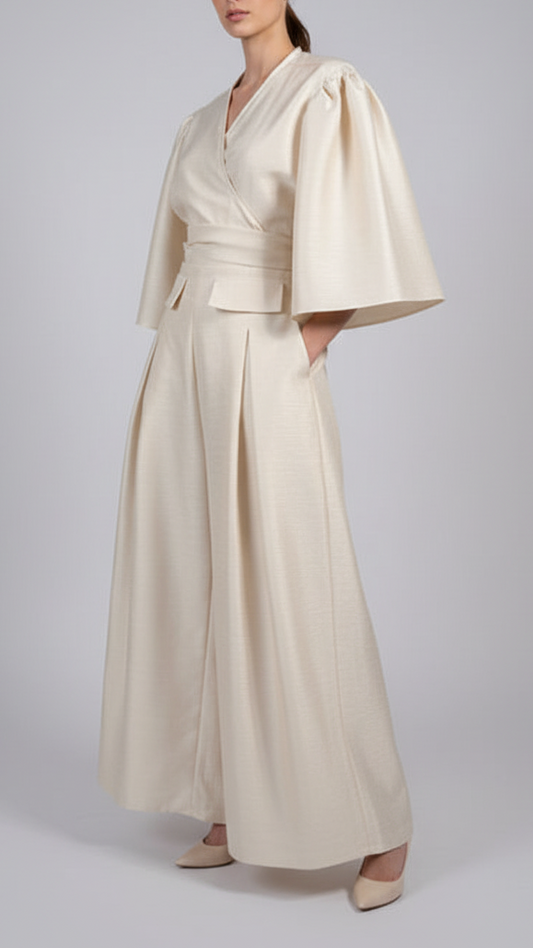 Front and Back Pleated Wide Hem Pants in Light Gold Premium Gazar